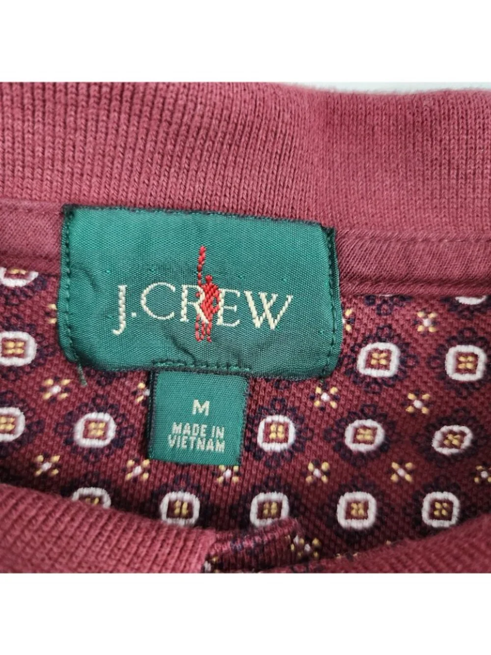 J. Crew Mens Shirt Medium Burgundy White Geometric Oarsman L/S Golf Polo